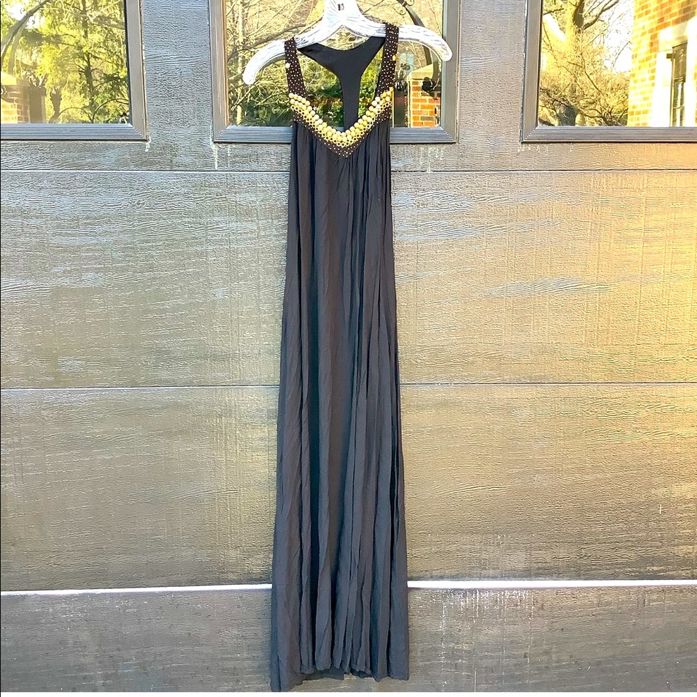 Black Maxi Dress with Beaded Neckline - Elegant Evening Dress
